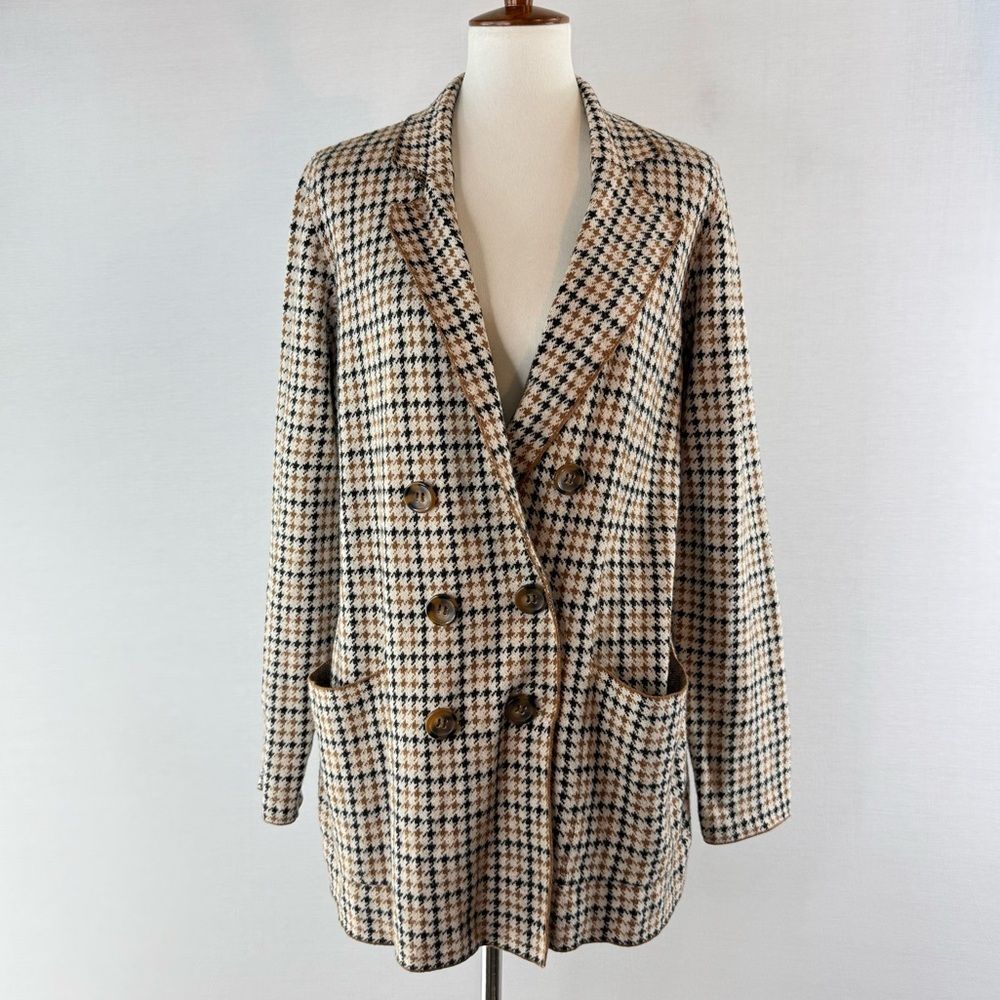 Marled Houndstooth Beige & Black Double-Breasted Women's Coatigan